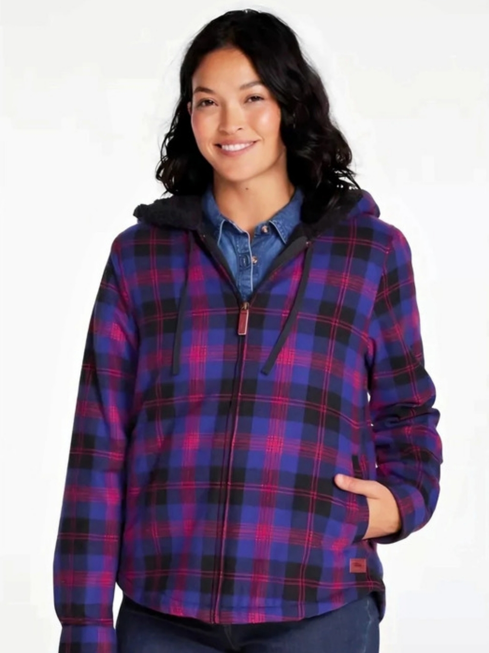 LL Bean Sherpa-Lined Plaid Flannel Hooded Jacket Purple & Red XL